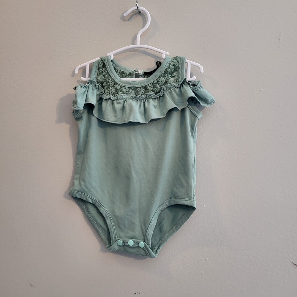 NWT Baby girl teal one piece with Ruffle Laces collar 6-9M